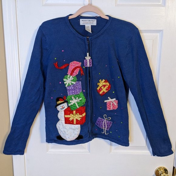 Heirloom Christmas Collection Snowman w/Gifts Beaded Applique Sweater - size L - Picture 1 of 10